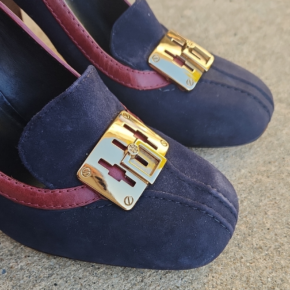 Tory Burch Navy Suede Block Heels with Burgundy Trim and Gold Hardware